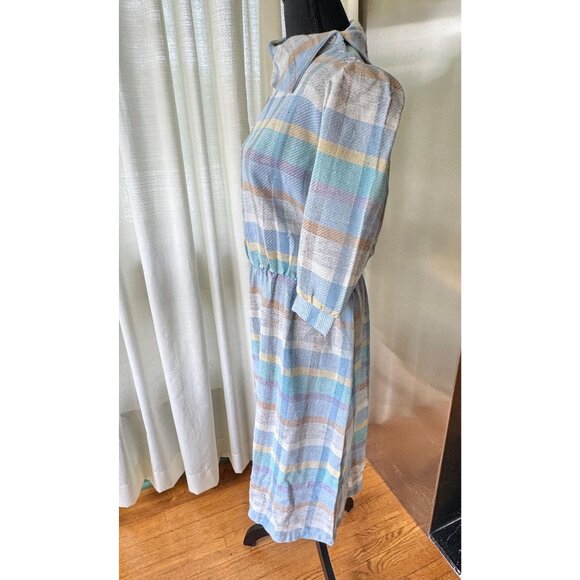 Vintage 80s dress, blue, purple, yellow, white, pastel plaid; asymmetric collar - Picture 3 of 10